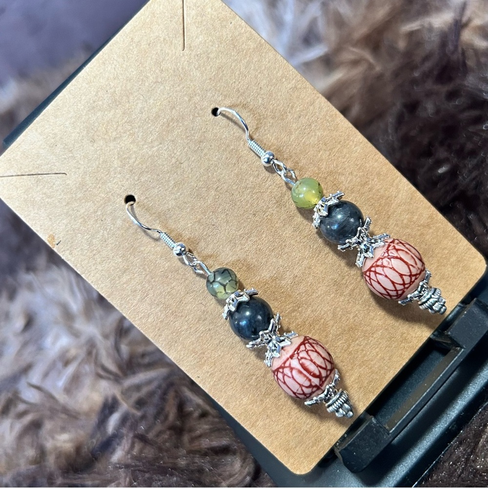 Handcrafted vintage bead dragon vein agate larvikite earrings
